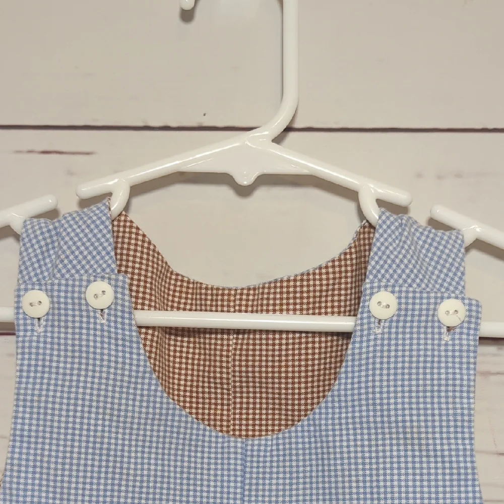 Vintage Baby Boy Infant Blue Gingham‎ Baby Romper Shortall Bunny Turtle 6-12 MO.